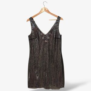 WHBM Silver Sequin Mesh Cocktail Dress Sleeveless V-Neck Jeweled Size 12